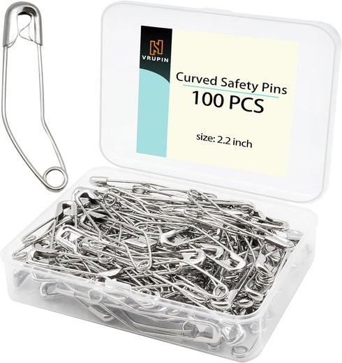 vrupin 100pcs Stainless Steel Curved Safety Pins for Quilting, Safety Pins Bulk Metal Silver Sewing Pins Clothing Clips Tool Decorative Safety pin...