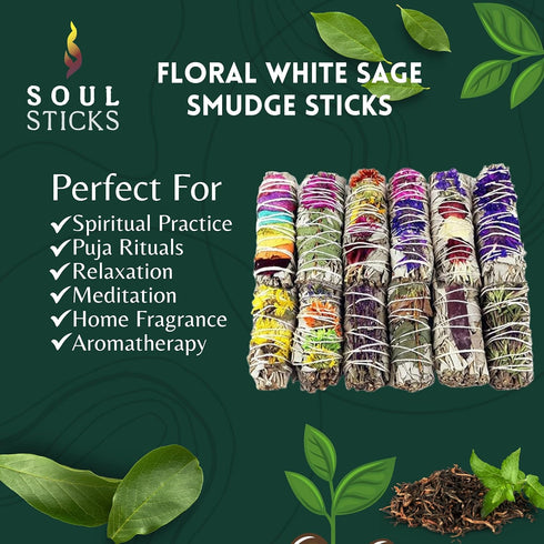 SOUL STICKS Smudge Stick Variety Gift Set | Bulk Sage Bundles for Space Cleansing | Smudging Wand Gift Set with Smudge Guide (Floral Sage, 12 Pack...