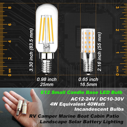 12V E12 LED Candelabra Bulb 40Watt Equivalent Warm White 2700K 4W 450Lm Low Voltage AC12-24V/DC10-30V for RV Camper Marine Boat Cabin Patio Landsc...