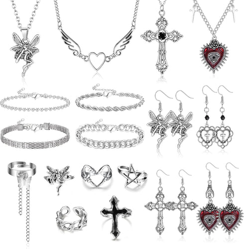 JOERICA 18PCS Punk Goth Grunge Jewelry Set Vintage Knuckle Rings, Gothic Dangle Grunge Earrings, Goth Necklace, Punk Chain Silver Bracelet, Emo Go...
