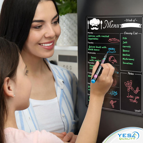 Magnetic Dry Erase Black Menu Board for Fridge (16 x 12"), Weekly Meal Planner Blackboard w/ 4 Neon Chalk Markers & Cloth Eraser, Chalkboard Organ...