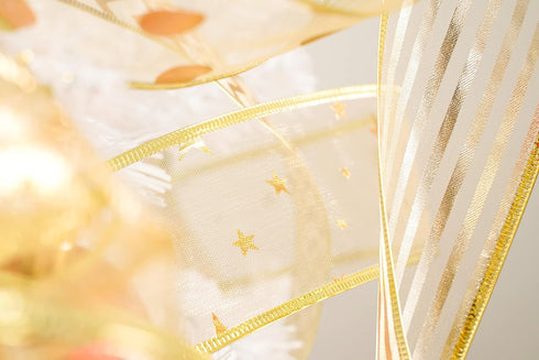 MEEDEE Gold Ribbon for Christmas Tree Decoration - 2.5 Inch, 6 Rolls, 36 Yards - Star and Stripe Wired Ribbon for Tree Garland and Crafts...