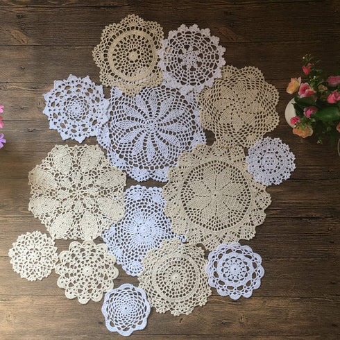 MINDPLUS Set of 14 Hand Crochet Doilies Cotton Crocheted Lace Doilies 4-10 Inches Round White Beige Vintage Wedding Tea Party...
