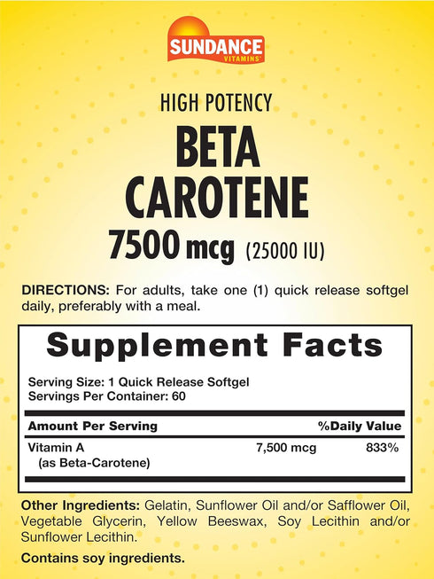 Sundance Beta Carotene 7500mcg | 60 Softgels | Provitamin A | High Potency Formula | Non-GMO and Gluten Free Supplement...