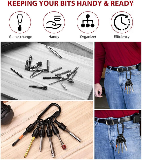 6pc Portable Bit holder Keychain, 1/4in Hex Shank Black Screwdriver Bit Clip for Impact Driver Flexible Drill Bit Extension Nut Driver W/ Carabine...