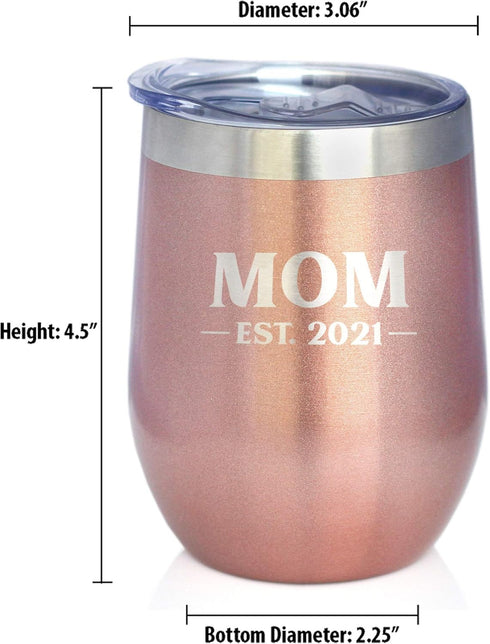 Bevvee Mom Est 2021 - New Mother Wine Tumbler with Sliding Lid - Stemless Stainless Steel Insulated Mug - Bold Outdoor Camping Gift - Rose Gold...