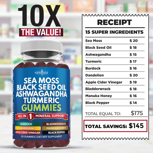 Sea Moss Gummies, Sea Moss 3000mg, Black Seed 2000mg, Ashwagandha 1000mg, Turmeric, Manuka Honey, ACV, Dandelion, Black Pepper, Burdock, Bladderwr...