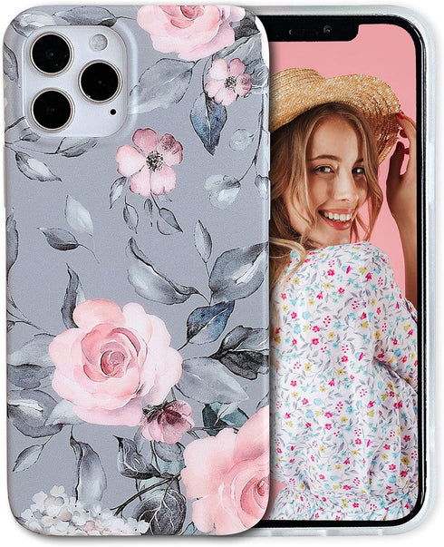 YeLoveHaw Designed for iPhone 12 and 12 Pro Case for Women Girls, Soft Slim Full-Around Protective Cute Case, Floral & Purple Gray Leaves Pattern,...