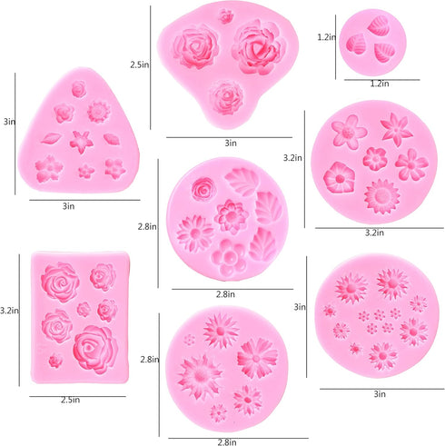Flower Fondant Cake Molds-8 Pcs-Daisy, Rose, Chrysanthemum and Small Flower Leaf, Candy Silicone Molds for Chocolate Fondant Polymer Clay Soap Cra...