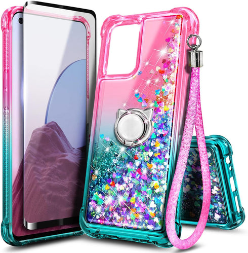 NZND Case for OnePlus Nord N300 5G with Tempered Glass Screen Protector (Maximum Coverage), Ring Holder/Wrist Strap, Glitter Liquid Floating Water...