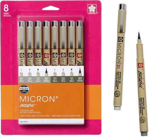 SAKURA Pigma Micron Fineliner Pens - Archival Gray Ink Pens - for Writing, Drawing, or Journaling - Assorted Point Sizes - 8 Pack...