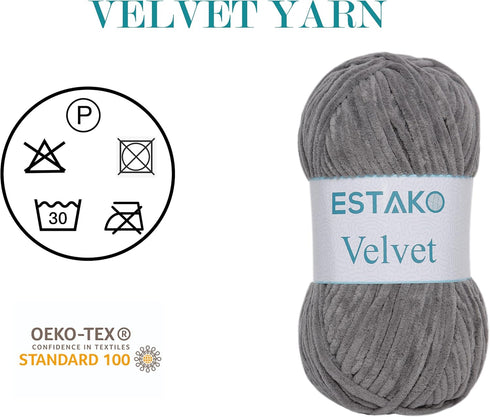Estako Velvet Chenille Blanket amigurumi Yarn for Crocheting and Knitting Super Bulky 100 gr (132 yds) (1140 - Grey)...