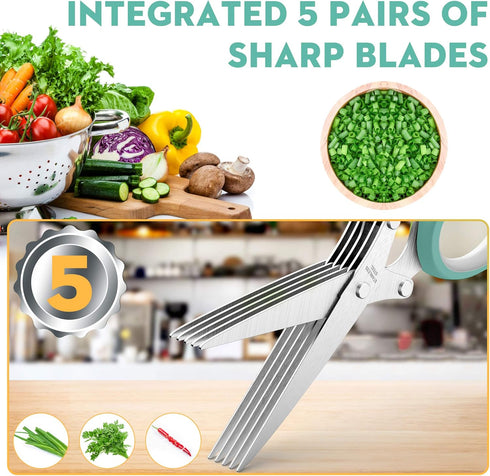 Updated 2025 Herb Scissors Set - Cool Kitchen Gadgets for Cutting Fresh Garden Herbs - Herb Cutter Shears with 5 Blades and Cover, Sharp and Anti-...
