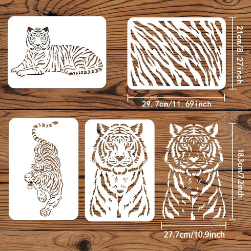 FINGERINSPIRE 4 Pcs Tiger Stencils for Painting 11.7x8.3 inch A4 Size Tiger Skin Pattern Drawing Stencils Reusable Mylar DIY Art Craft Tiger Strip...
