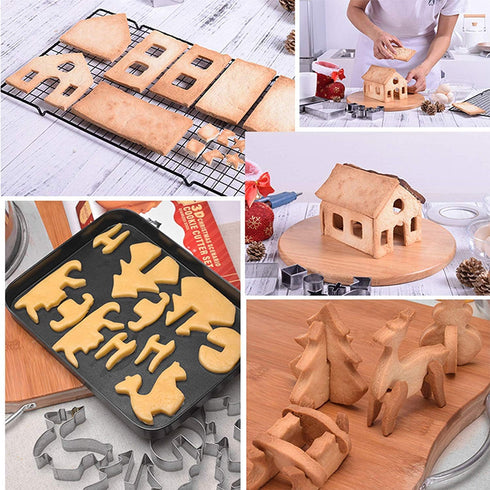Gingerbread House Cookie Cutter Set, 3D House Cookie Cutter, Stainless Steel Biscuit Cutter Mold Set, Including Christmas Tree, Snowman, Reindeer,...