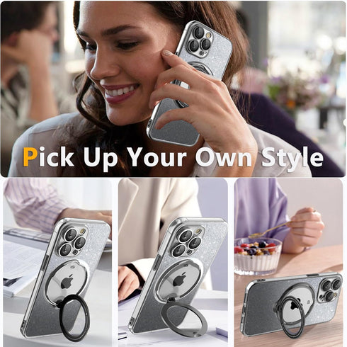 for iPhone 11 Case Glitter with Rotatable Ring Stand Compatible with MagSafe, Plating Bling Clear Case with Camera Lens Protector Slim Phone Case ...