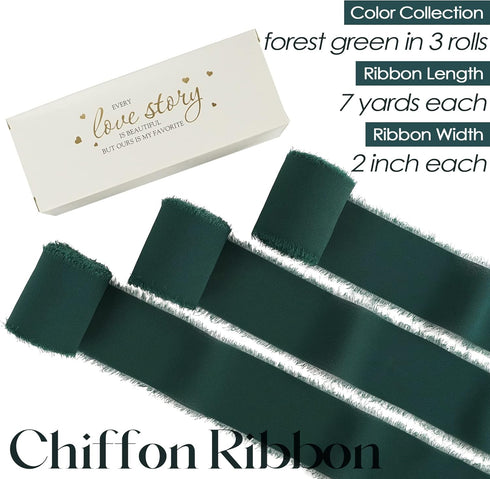 MEEDEE Dark Green Chiffon Ribbon 2 Inch Frayed Ribbon Fringe Chiffon Ribbon Green Chiffon Ribbon for Crafts Silk Chiffon Ribbon for Gift Wrapping ...