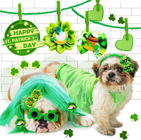 80pcs St.Patrick's Day Dog Bows, Holiday Pet Samll Dog Hair Grooming Bows with Rubber Bands, St.Patrick's Day Green Lucky Clover Element Dog Hair ...