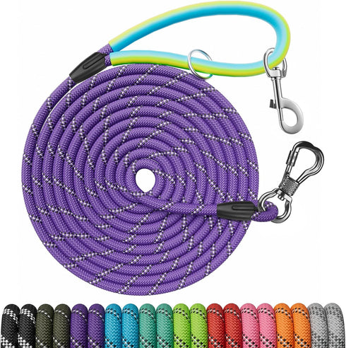 NTR Dog Rope Leash, 20FT Recall Training Lead with 2 Swivel Hooks, Reflective Threads and Soft Rubber Handle, Puppy Leash for Walking, Hunting, Ca...