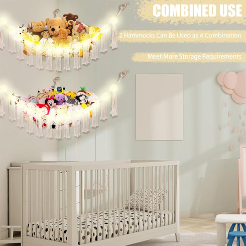 Stuffed Animal Hammock with LED Light, Toy Hammock for Stuffed Animals Storage for Kids Room Decor, Stuffed Animal Hammock Corner, White...