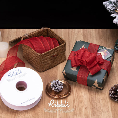 Ribbli Red Burlap Wired Ribbon,1-1/2 Inch x 10 Yard,Wired Edge Ribbon for Big Bow,Wreath,Tree Decoration,Outdoor Decoration...