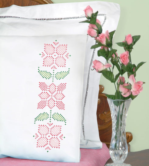 Jack Dempsey Stamped Pillowcases W/White Perle Edge 2/Pkg - Cross-Stitch Pretty in Pink...