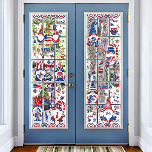 138Pcs Patriotic Window Clings 4th of July Gnome American Flag Firework Window Decals Red Blue Star Stripe Double-Sided Prints PVC Stickers for In...