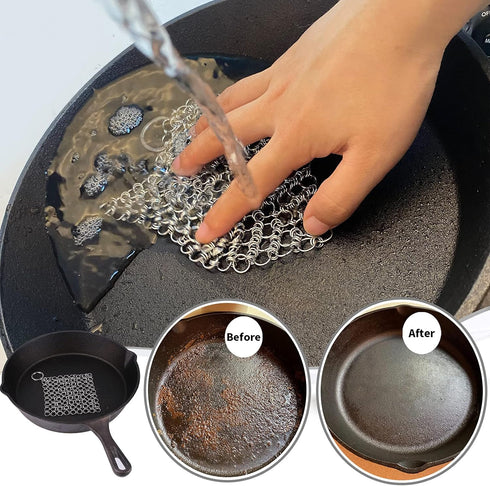 2Pack Cast Iron Scrubber Stainless Steel Chain Mail Scrubber, Cast Iron Cleaner Chainmail Scrubber for Dutch Oven Carbon Steel Wok Grill Pan, Chai...
