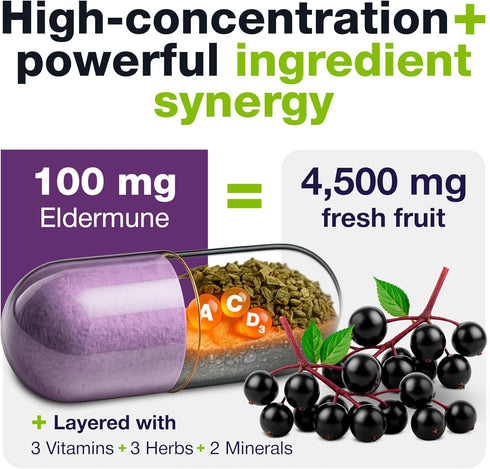 HybridEB Sambucus Elderberry Immune Support with Vitamin C, Zinc, Vitamin D3 - Antioxidant & Immunity Supplement, 1 Month Supply - 9 in 1 Black El...