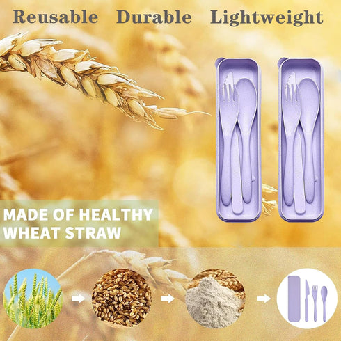 Reusable Travel Utensils Set with Case, 2 Sets Wheat Straw Portable Plastic Fork Spoons Knife Camping Cutlery, Eco-Friendly BPA Free Lunch Tablewa...
