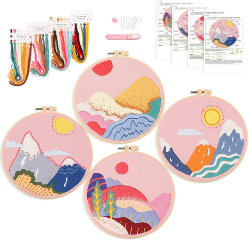 Harimau 4Pcs Beginner Embroidery Kit,Natural Landscape Pattern,Cross Stitch Kits, Including Stamped Embroidery Cloth with 2 Embroidery Hoops, Mult...