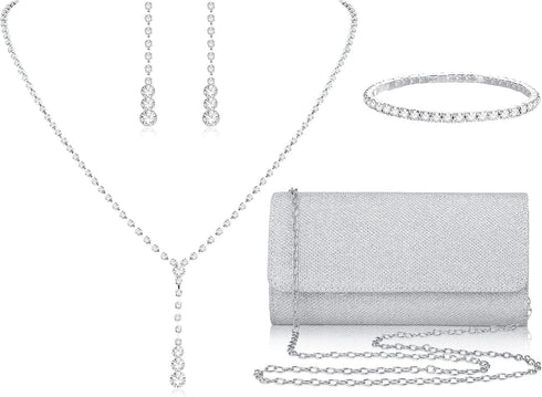 Silver Prom Jewelry Set for Women Rhinestone Necklace Dangle Earrings Bracelet Clutch Purse Silver Accessories Bride Bridesmaid Crystal Bridal Jew...