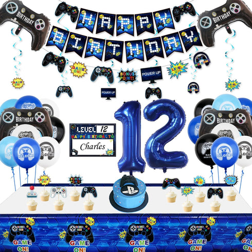 12th Birthday Decorations for Kids-Gaming Party Decorations for Gamer-HAPPY BIRTHDAY Gaming Banner Video Game Table Cover Controller Balloon Cake ...