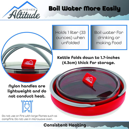 Collapsible Travel Kettle Pot with Lid - 1L Red Portable Water Boiler Tea Maker for Camping Gas Stove...