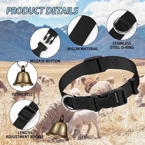 6 Sets Goat Collars with Bells Horse Sheep Grazing Bells Adjustable Nylon Dog Bell Collar with Quick Release Buckle Anti Lost Pet Collar with Copp...