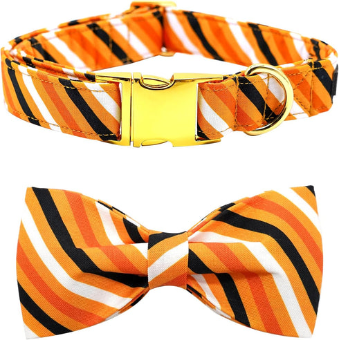 Elegant little tail Dog Collar, Fall Dog Collar Orange Stripe Holiday Pet Collar Dog Halloween Dog Bow Collar Pet Durable Adjustable Girl Boy Dog ...
