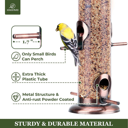 Kingsyard Metal Bird Feeders for Outdoors Hanging, Extra Thick Tube Bird Feeder w/Steel Hanger & 4-Port, 15 inch, Chew-Proof, Weather and Water Re...