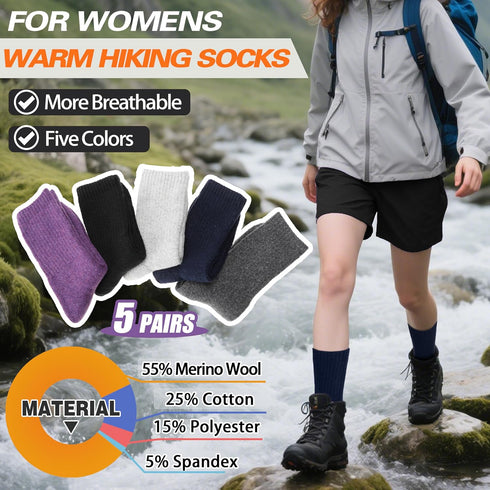 Sandsuced 5 Pack Merino Wool Hiking Socks for Women Warm Winter Thick Thermal Cozy Boot Work Soft Ladies Socks...