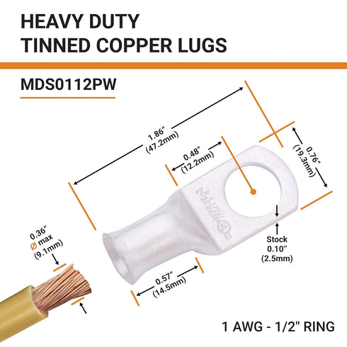 SELTERM 10pcs 1 AWG-1/2" Stud Tinned Copper Wire Lugs, Heavy Duty Battery Cable Ends,1 Gauge Ring Terminals, UL Battery Lugs Marine Grade Copper E...