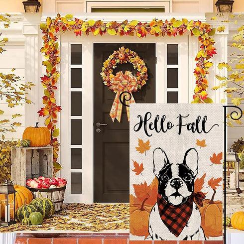 Hello Fall Garden Flag Boston Terrier Dog Pumpkins Double Sided Vertical Seasonal Autumn Outdoor Yard Lawn Decorations 12.5 x 18 Inch...