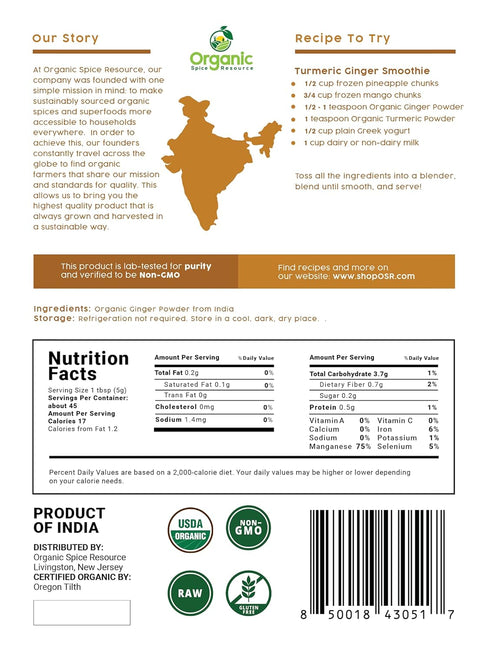 Organic Ginger Powder | 8 oz (226g) | USDA Organics and Non-GMO Verified Project Approved | Product of India | 100% Raw and Natural | Resealable K...