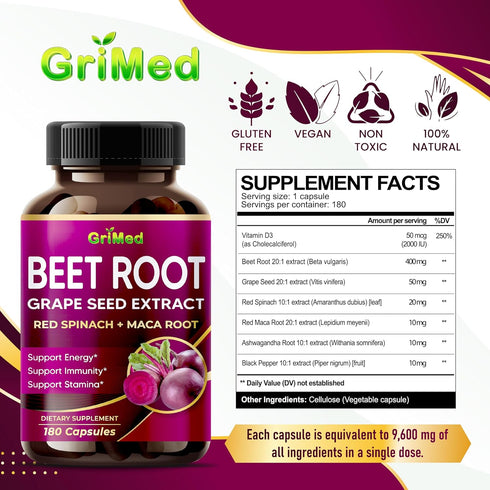 12,900mg Beet Root x12 Potency with Grape Seed Extract, Maca Root, Red Spinach, Ashwagandha - Healthy Energy Supplement for Heart Support (180 Cou...