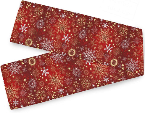 Christmas Winter Snowflake Table Runner 13x90 Inches Double Sided, Luxurious Gold Red Snowflakes Table Runners Cloth Placemats Washable Fabric for...