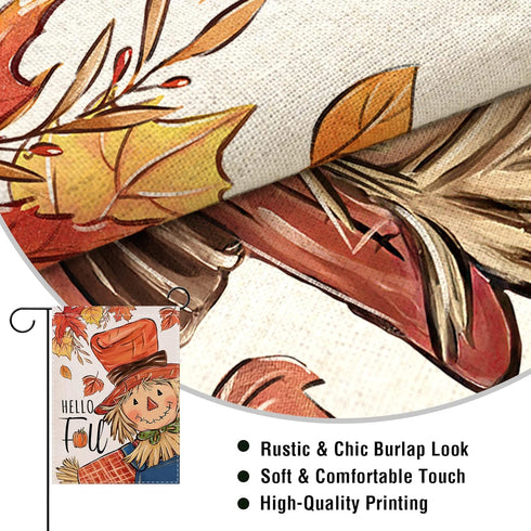 Hello Fall Scarecrow Small Decorative Garden Flag, Autumn Maple Leaves Rustic Yard Lawn Outside Decor, Thanksgiving Seasonal Farmhouse Country Out...