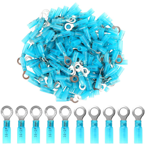 160 PCS Heat Shrink Ring Terminals (16-14 AWG), Insulated Blue Ring Terminals, 1/4'' Eyelet Wire Connectors, Insulated Electrical Connectors, Mari...