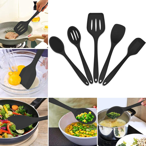 Homikit 5-Piece Kitchen Cooking Utensils Set, Black Silicone Slotted Turner Spatula Spoons for Nonstick Cookware, Dishwasher Safe Kitchen Tools fo...