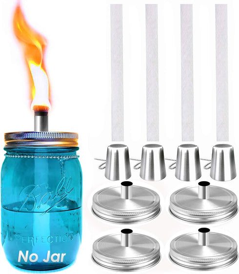 Mason Jar Tabletop Torch Kits,4 Pack Longlife Fiberglass Wicks,Stainless Steel Mason Jar Lids Caps Included,Outdoor Deck Oil Lamp Torch...