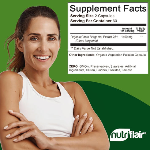 NutriFlair Organic Citrus Bergamot 1400mg, 120 Capsules - 25:1 Citrus Bergamia - Essential Oil and Citrus Bioflavonoids - Natural Heart Health Sup...