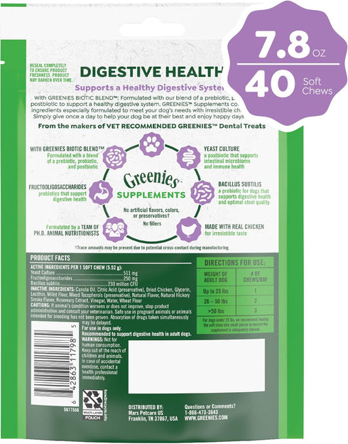 Greenies Supplements Digestive Health Probiotics for Dogs Chicken Flavor, 40 Count Soft Chews Dog Probiotics, 7.8 oz. Pouch...