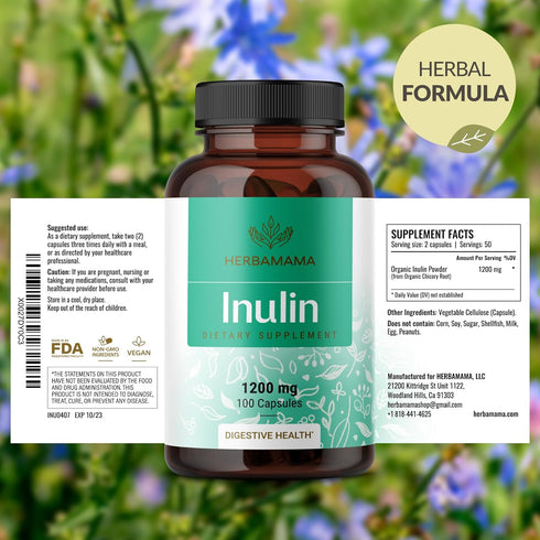 HERBAMAMA Inulin Powder Capsules 1200mg - Digestive Support & Gut Cleanse with Inulin Prebiotic Fiber - Vegan, Non-GMO Chicory Root Powder Supplem...
